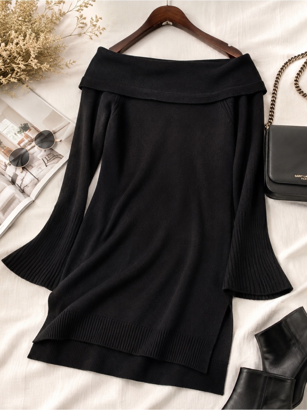 By Anthropologie Black Boat Neck Off Shoulder Tunic Sweater M Bell Sleeve